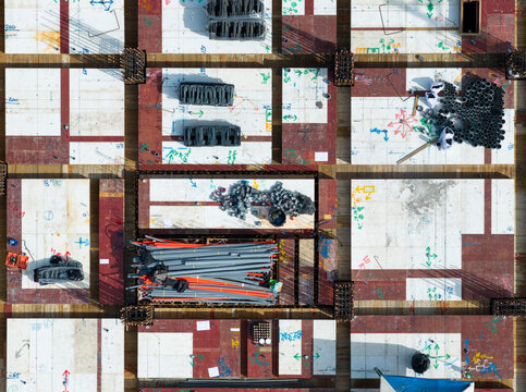 Aerial View of Construction Site Materials and Layout