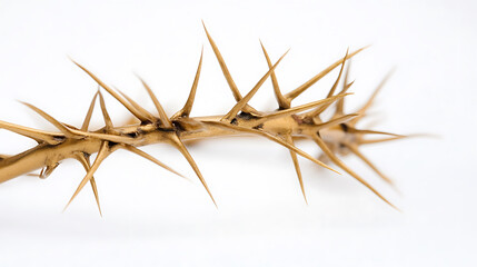 Obraz premium This image showcases a crown made of golden thorns against a stark white background. The thorns are sharp and radiate outwards from the central branch, creating an intriguing effect.
