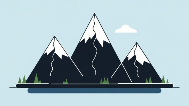 Minimalist mountain range illustration with snowcapped peaks and evergreen trees against a light blue sky creating a serene outdoor landscape