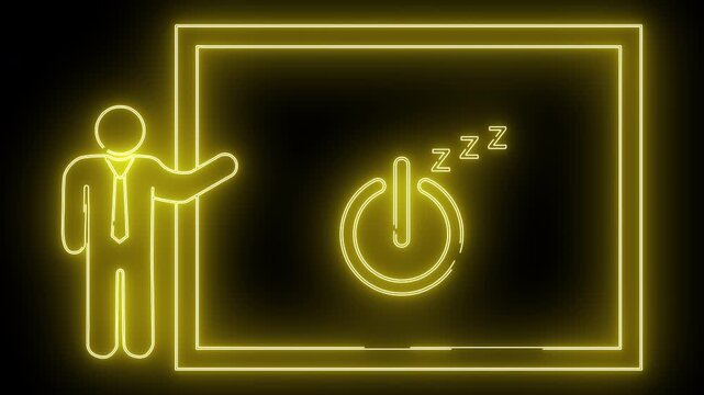 Neon image features a person gesturing towards a screen with a sleeping power symbol
