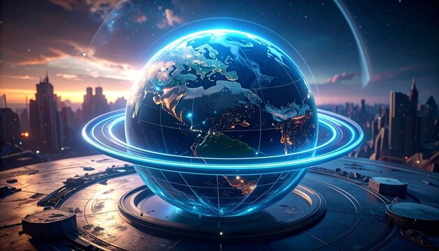 Earth Globe with Glowing Rings Above City. - Powered by Adobe