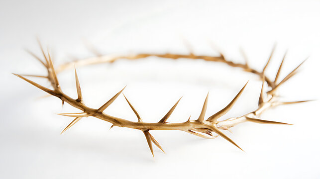 A golden crown of thorns, meticulously crafted, glistens against a stark white backdrop. The sharp spikes radiate outward, capturing a paradox of beauty and pain in a single image.