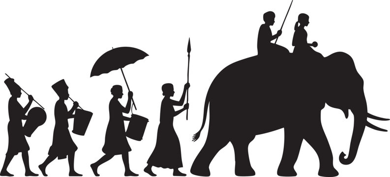 Cultural parade with elephant and people in traditional outfits silhouette