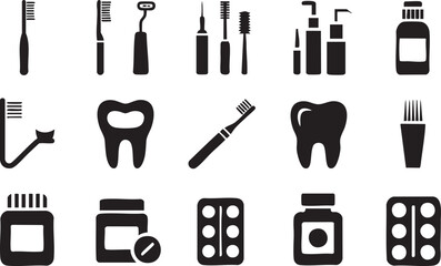 Dental hygiene and healthcare products in black silhouette collection vector illustration