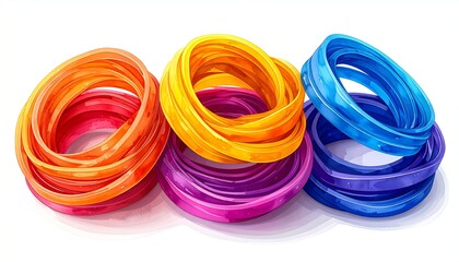 Colorful rubber bands stack on white.