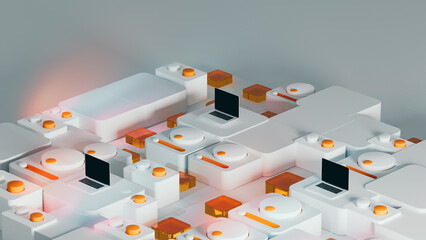 Abstract technological 3D scene featuring laptop and button console