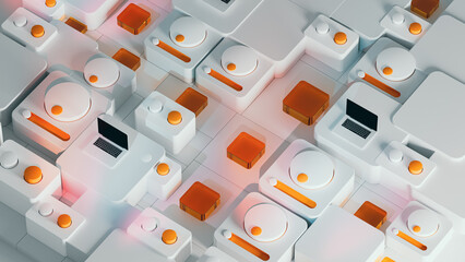 Abstract technological 3D scene featuring laptop and button console