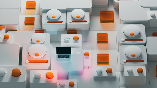 Abstract technological 3D scene featuring laptop and button console