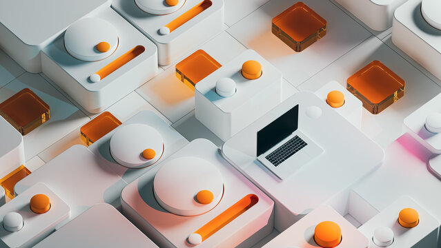 Abstract technological 3D scene featuring laptop and button console
