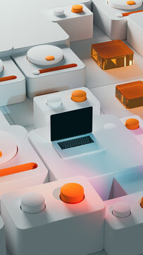 Abstract technological 3D scene featuring laptop and button console