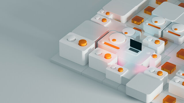 Abstract technological 3D scene featuring laptop and button console