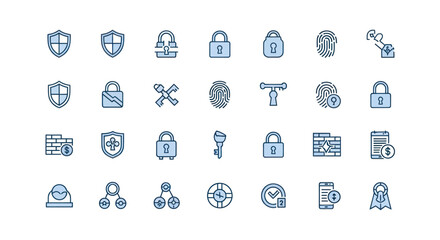 Collection of security icons shields locks fingerprints and more