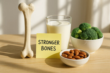 Positive concept for stronger bones with realistic bone model, calcium rich food, milk, broccoli, and almond. healthy diet and good nutrition for health and preventing osteoporosis