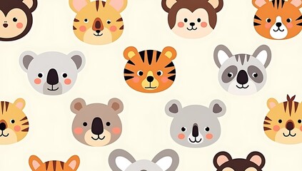 &ldquo;A seamless pattern featuring simplified cartoon animal faces &mdash; monkey, tiger, panda, koala &mdash; with thick outlines, strong shapes, pastel background options, bold flat colors, fun children&rsquo;s style, vec