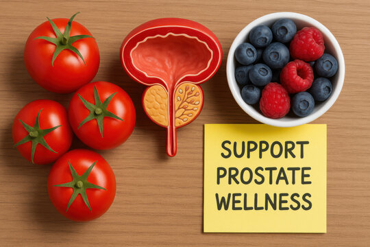 Support prostate wellness and men health with medical nutrition. conceptual layout showing prostate model with fresh tomato, berry, and note for awareness and diet
