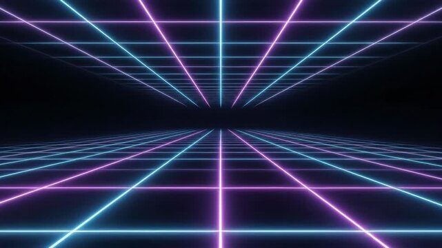 Seamless dark void background featuring an infinite neon grid pattern that subtly pulses and recedes into the distance futuristic, matrix, modern