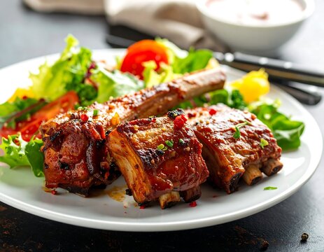 Succulent roasted ribs with fresh salad and a dip on a white plate - Powered by Adobe