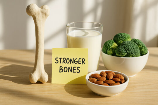 Positive concept for stronger bones with realistic bone model, calcium rich food, milk, broccoli, and almond. healthy diet and good nutrition for health and preventing osteoporosis - Powered by Adobe