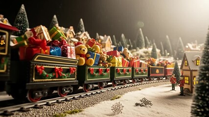 Miniature Christmas train carrying gifts through a snowy village at night. - Powered by Adobe
