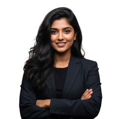 Professional young woman with dark wavy hair smiling confidently with arms crossed isolated on transparent background