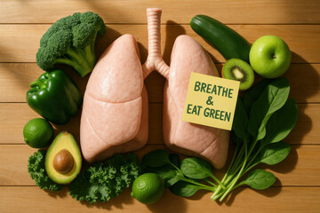 Realistic lung model arranged with green vegetable and fruit like avocado and broccoli wooden background. This positive health awareness visual promotes clean eating for healthy respiratory system