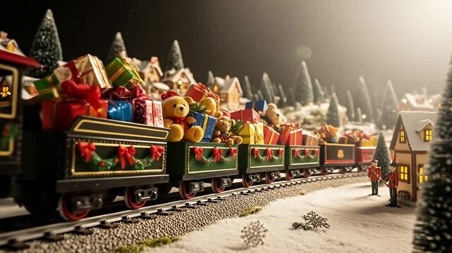 Miniature Christmas train carrying gifts through a snowy village at night.