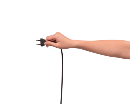 Close-up of a hand holding a black electric power cord plug isolated on transparent PNG.