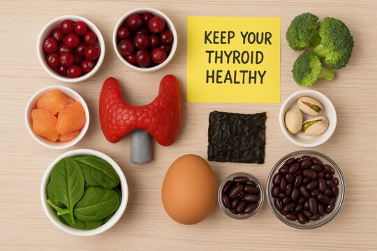 Thyroid gland health and nutrition concept with model and iodine rich food for healthy diet and wellness. An educational message on sticky note for endocrine system care