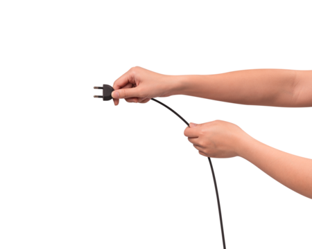 Close-up of hand holding a black electric power cord plug isolated on transparent PNG.