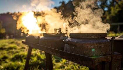 Cooking pots with steam with outdoor sunlight.