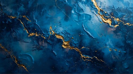 Blue Abstract Art With Gold Veins, Fluid Texture, and Metallic Accents