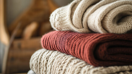 Cozy knits in a stack. Soft textures and calming colors bring warmth and comfort. Perfect for a relaxing day indoors. Stay stylish and comfy. #cozy #knits #style