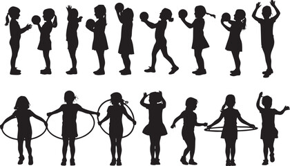 Group of children silhouettes playing with balls and hula hoops in black
