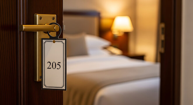 Hotel Room Number 205 Door Hanger with Room Interior Blurred Background