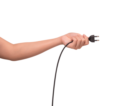 Close-up of a hand holding a black electric power cord plug isolated on transparent PNG.