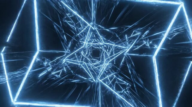 Seamless infinite loop of glowing blue neon lines forming a complex three-dimensional geometric abstract pattern that continuously expands design, background, motion