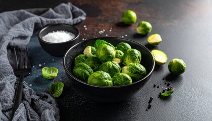 Fresh, raw Brussels sprouts arranged in a black bowl with a side of salt