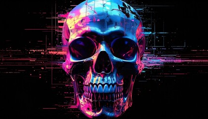 Cyberpunk Skull with digital art, and black background.