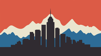 Abstract cityscape silhouette with colorful mountains