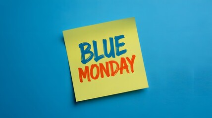 Yellow sticky note with blue monday written in bold red and blue letters on a blue background