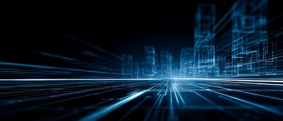 Obraz premium Tech Blueprint with Glowing Lines, Abstract Digital Architecture, Refined Cyber Aesthetic, Polished Commercial Mood, and Upper-Left Open Text Space