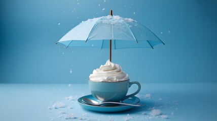 Whimsical winter drink under a delicate umbrella amidst falling snowflakes