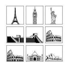 Iconic global landmarks collection featuring Eiffel Tower, Big Ben, Statue of Liberty, Great Wall, Colosseum, Taj Mahal and Sydney Opera House © Rifky