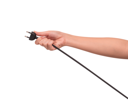 Close-up of a hand holding a black electric power cord plug isolated on transparent PNG.