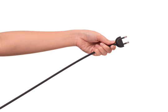 Close-up of a hand holding a black electric power cord plug isolated on transparent PNG.