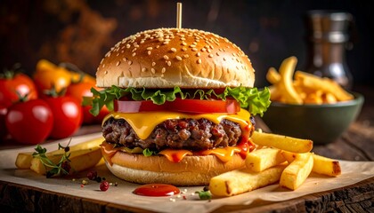 Delicious Burger with Fries with Tomatoes  Salad.