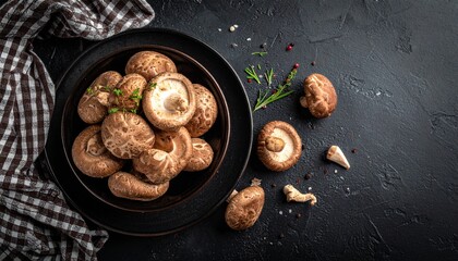Freshly harvested shiitake mushrooms in a bowl, with herbs and seasoning, on a dark textured surface