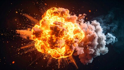 Intense fiery explosion with orange, white and blue smoke