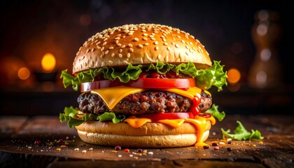 Delicious burger with sesame bun.