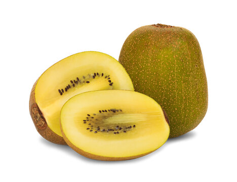 whoe and half of golden kiwifruit isolated, png